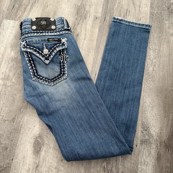 Miss Me Jeans Womens 26 Skinny Stitching Medium 10 Blue Wash Flap Pockets Bling - Picture 1 of 9